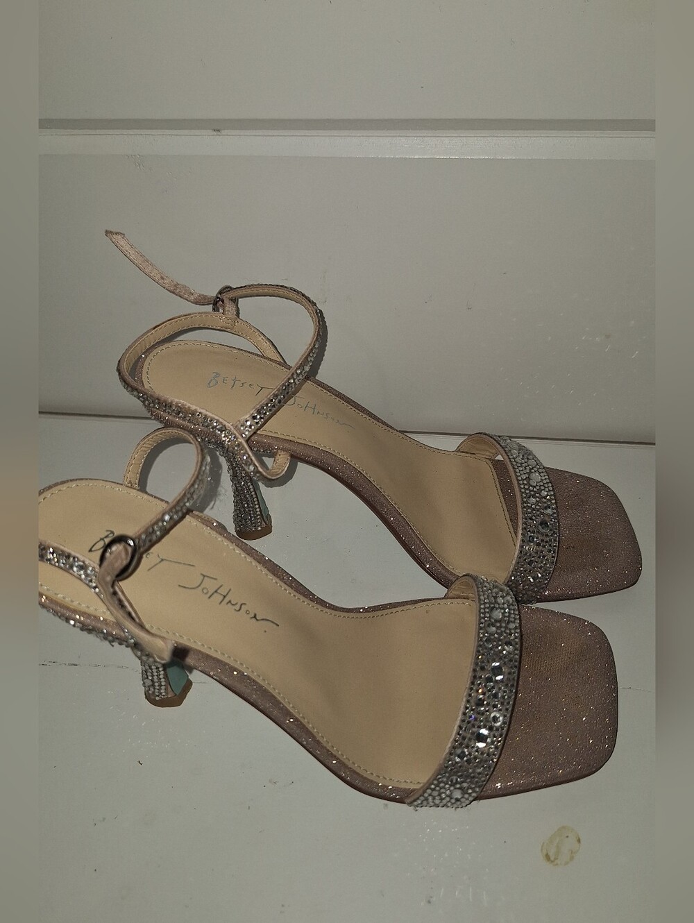 Betsey Johnson Blush Pink Glitter Crystal Ankle Strap Heels